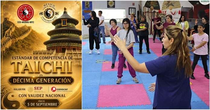 Mtra. Elizabeth García impartiendo clase de práctica de Taichi para el Estándar SEP-CONOCER.