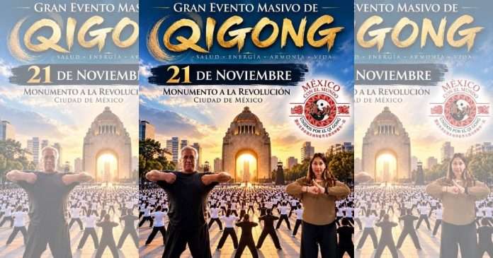 Practicantes se reúnen para una clase masiva de Qigong en la Ciudad de México.