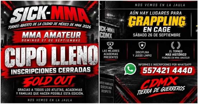 Aviso de Cupo Lleno en MMA Amateur para el Torneo SICK-MMA 2026 en la CDMX.