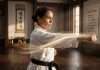El Golpe Decisivo: Qué es el Datotsu y Cómo Aplicarlo en el Dōjō y en la Vida Maestra de Karate Do ejecutando una tecnica con kime y decision para ilustrar el concepto del Datotsu. Imagen creada con IA.