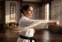 El Golpe Decisivo: Qué es el Datotsu y Cómo Aplicarlo en el Dōjō y en la Vida Maestra de Karate Do ejecutando una tecnica con kime y decision para ilustrar el concepto del Datotsu. Imagen creada con IA.