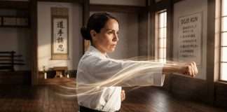 El Golpe Decisivo: Qué es el Datotsu y Cómo Aplicarlo en el Dōjō y en la Vida Maestra de Karate Do ejecutando una tecnica con kime y decision para ilustrar el concepto del Datotsu. Imagen creada con IA.