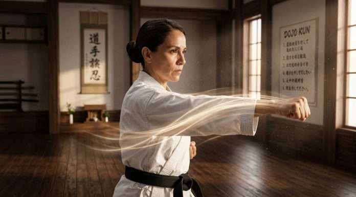 El Golpe Decisivo: Qué es el Datotsu y Cómo Aplicarlo en el Dōjō y en la Vida Maestra de Karate Do ejecutando una tecnica con kime y decision para ilustrar el concepto del Datotsu. Imagen creada con IA.