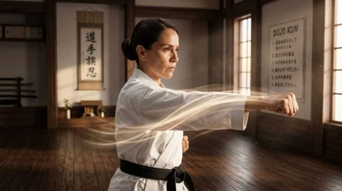 El Golpe Decisivo, Qué es el Datotsu y Cómo Aplicarlo en el Dōjō y en la Vida. Imagen IA-1. Maestra de Karate Do ejecutando una tecnica con kime y decision para ilustrar el concepto del Datotsu. Imagen creada con IA.