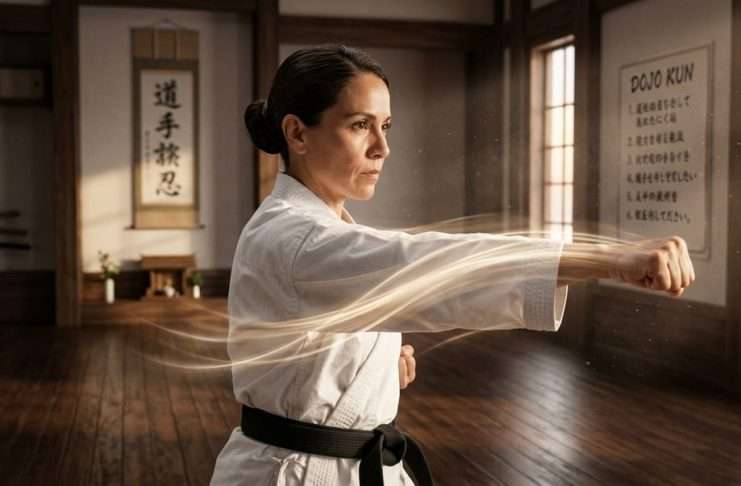 El Golpe Decisivo: Qué es el Datotsu y Cómo Aplicarlo en el Dōjō y en la Vida Maestra de Karate Do ejecutando una tecnica con kime y decision para ilustrar el concepto del Datotsu. Imagen creada con IA.