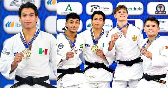 Eduardo Lalo Sagastegui con la medalla de oro en la Málaga Senior European Cup 2026 de Judo.