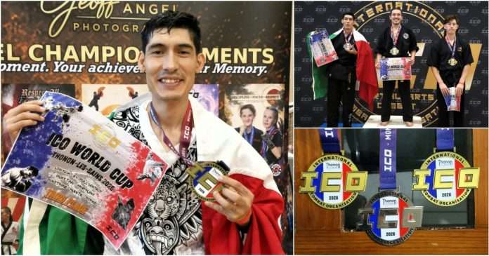 Sensei Juan Manuel Granados celebrando sus medallas conquistadas en el Campeonato Mundial ICO 2026 en Francia.